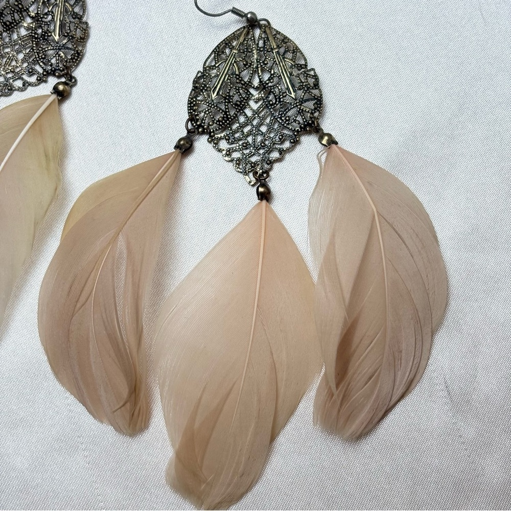 Beige Feather Statement Earrings- Boho/Festival/C… - image 3